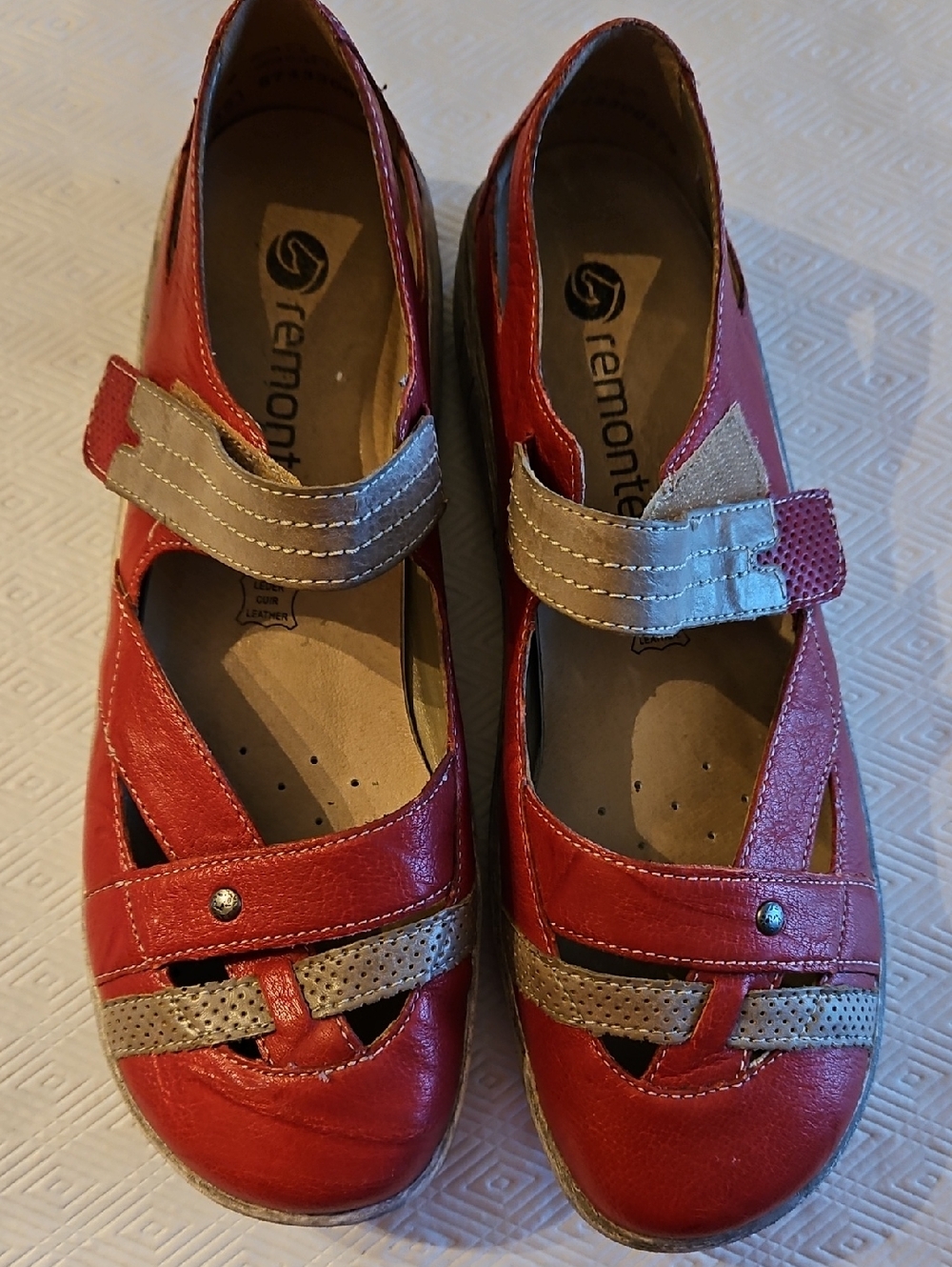 Remonte Red Leather Mary Jane Flats with Beige Straps
